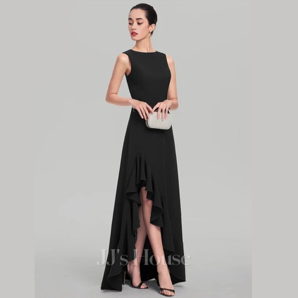 JJ's House A-line Scoop Asymmetrical Stretch Crepe Fancy Evening Dress Ruffle - Picture 3 of 10